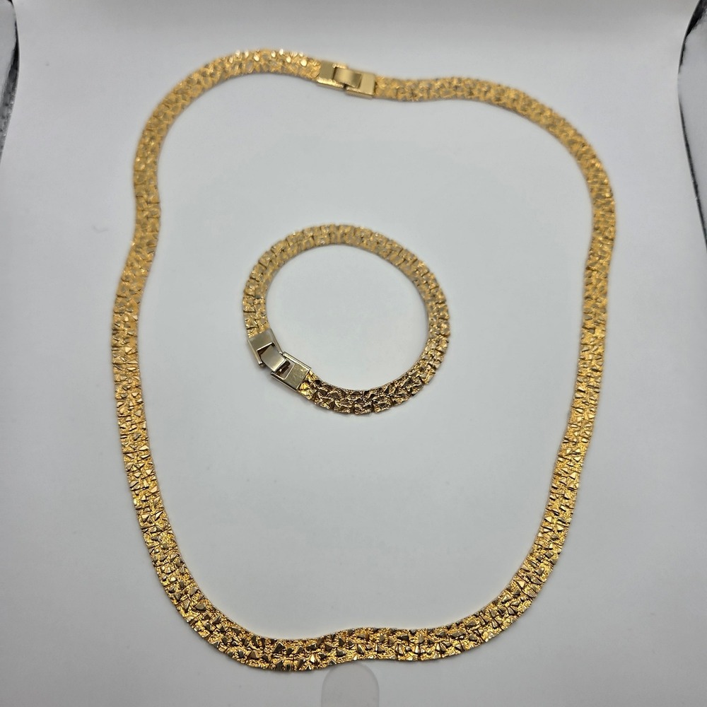 Vintage Gold Tone Flat Nugget Necklace and Bracelet Set 24 inches 7 inches